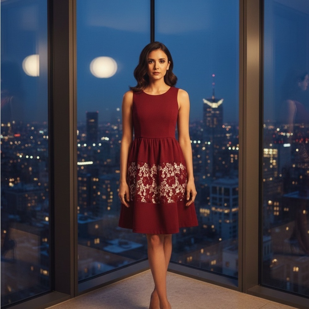 Doe & Rae Burgundy Midi Dress with White Floral Accents